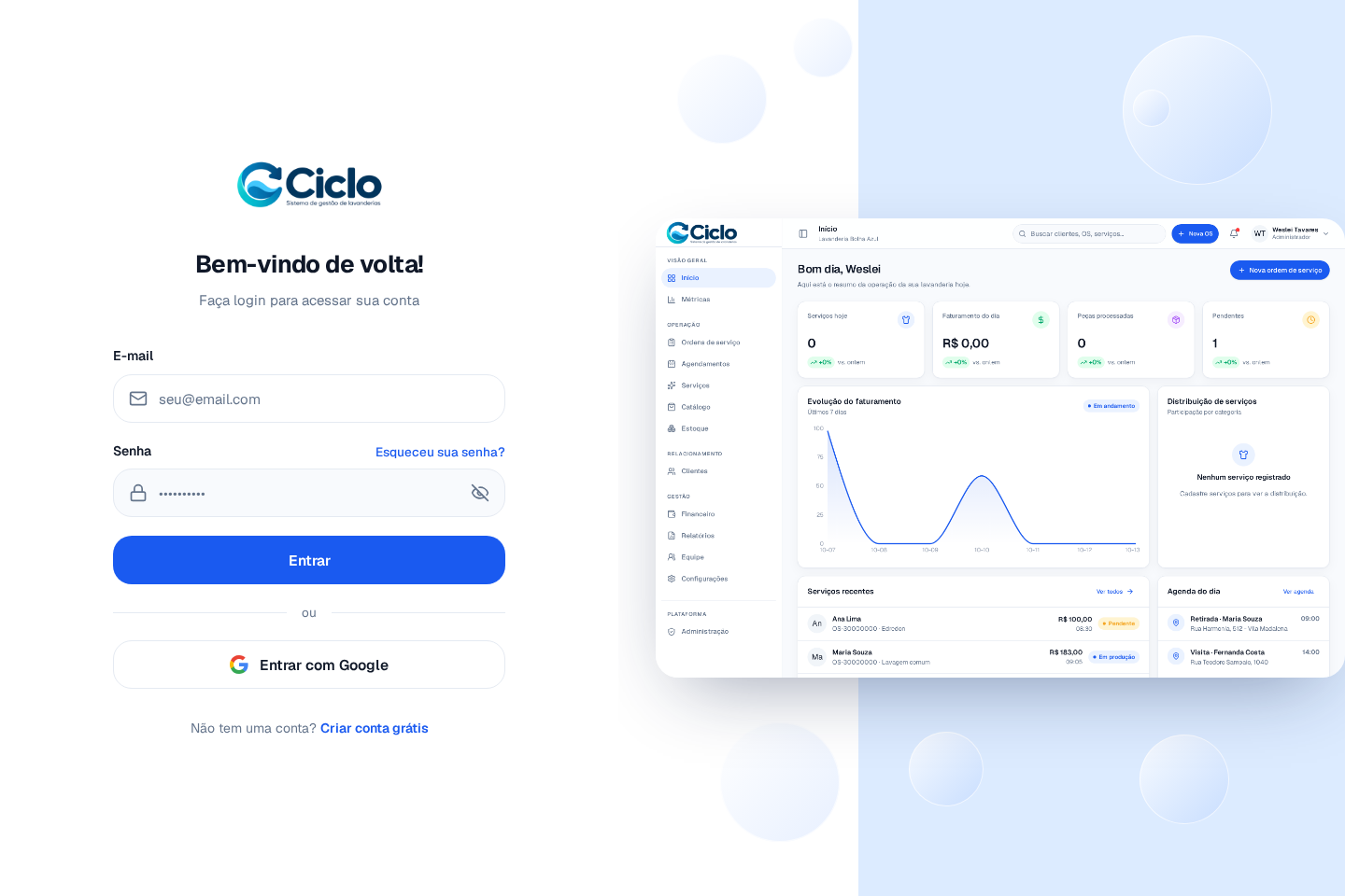 Tela de login da Ciclo
